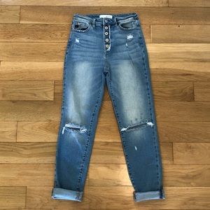 High Rise Distressed Boyfriend Jeans Button Fly